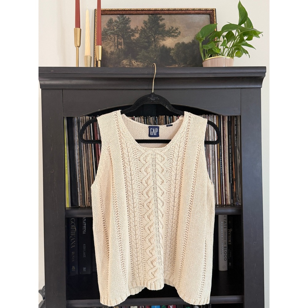 Gap Sweater Vest Women L/XL Cream Cable Knit Sleeveless Cotton Blend